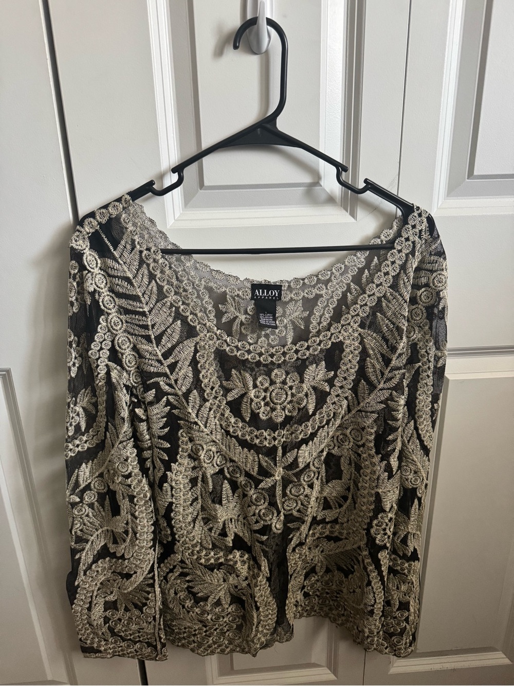 ALLOY Black Mesh Top with Gold Lace Motif